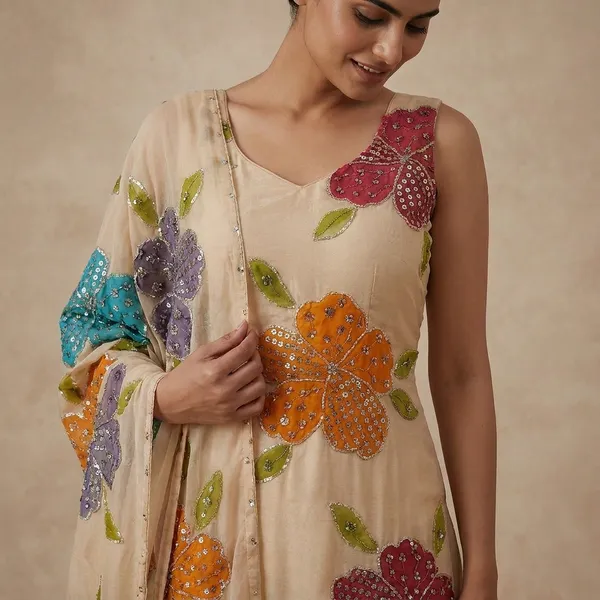 Multicolor_Organza_Silk_Flower_Designed_Dress_For_Women