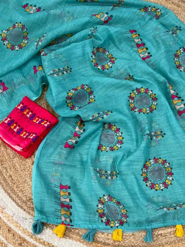 Blue_Cotton_Firozi_Animal_Saree_For_Women