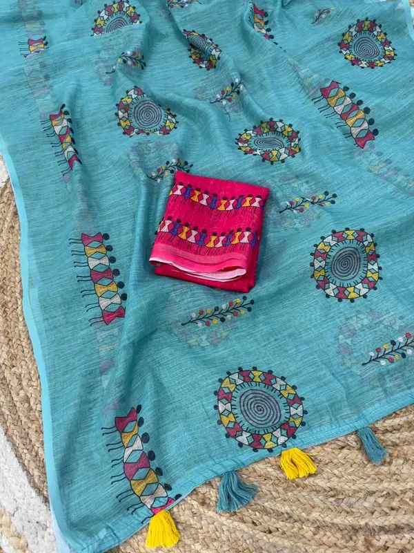 Blue_Cotton_Firozi_Animal_Saree_For_Women