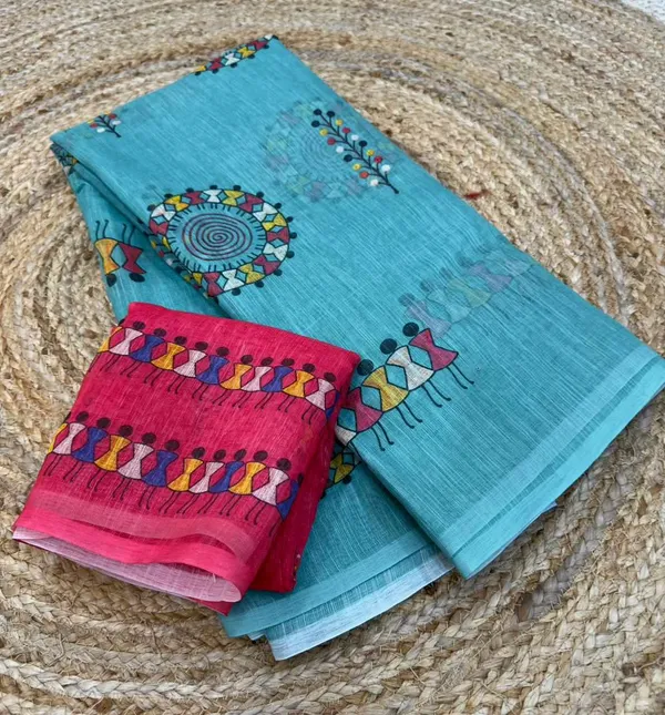 Blue_Cotton_Firozi_Animal_Saree_For_Women