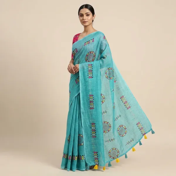 Blue_Cotton_Firozi_Animal_Saree_For_Women