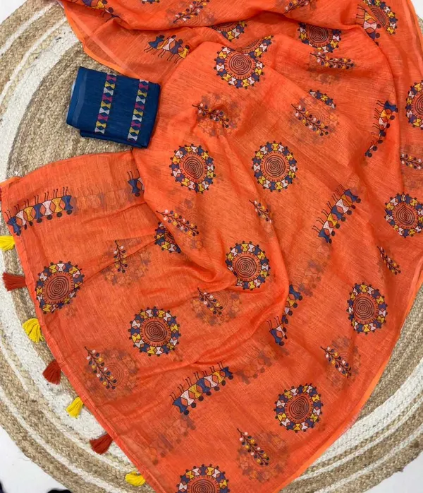 Orange_Cotton_Animal_Saree_For_Women
