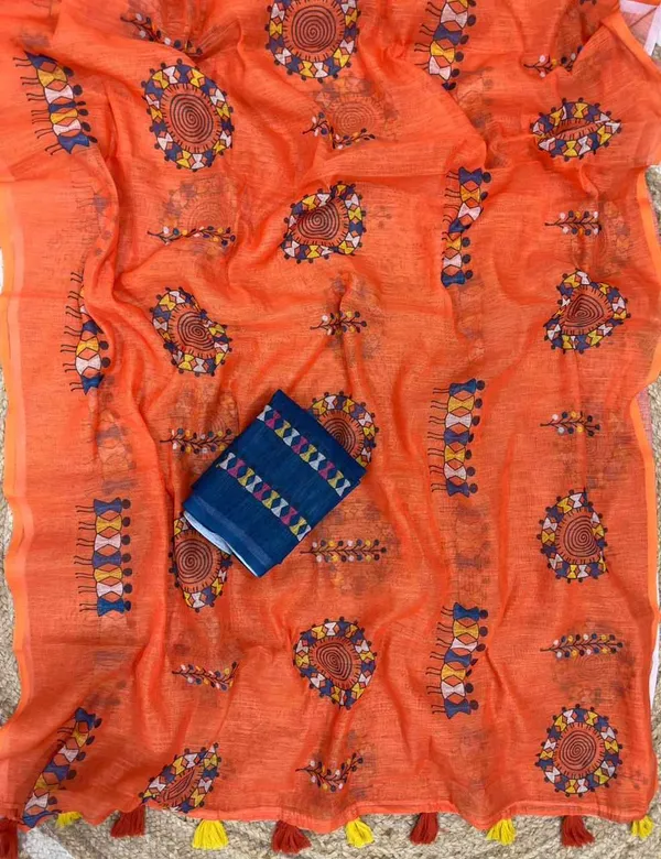 Orange_Cotton_Animal_Saree_For_Women