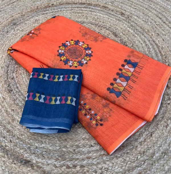 Orange_Cotton_Animal_Saree_For_Women