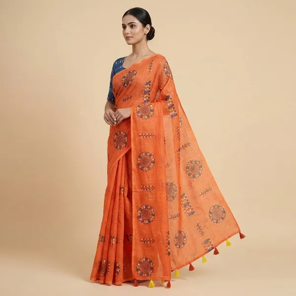 Orange_Cotton_Animal_Saree_For_Women