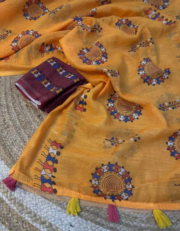 Yellow_Cotton_Animal_Saree_For_Women