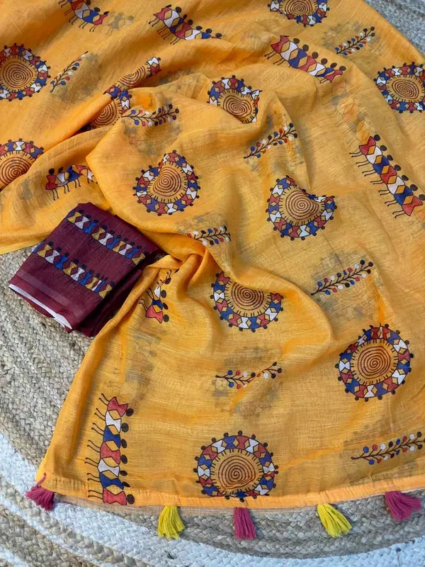 Yellow_Cotton_Animal_Saree_For_Women