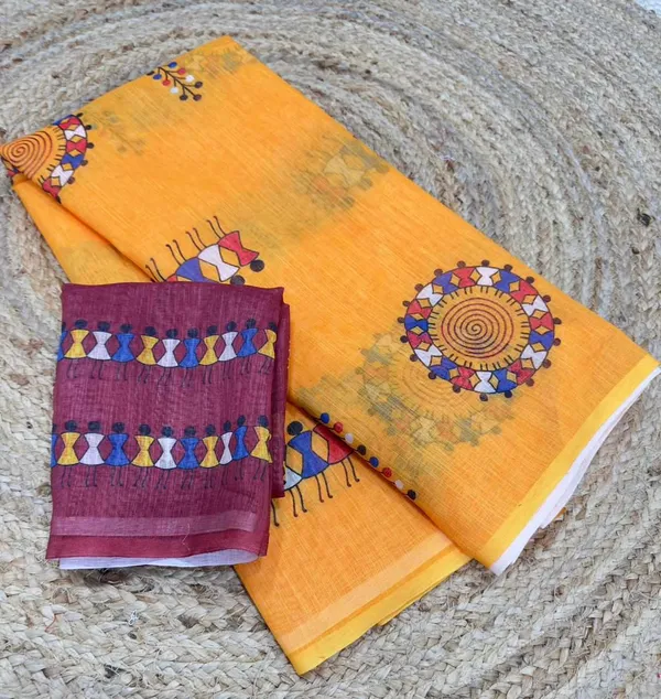 Yellow_Cotton_Animal_Saree_For_Women