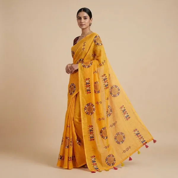Yellow_Cotton_Animal_Saree_For_Women