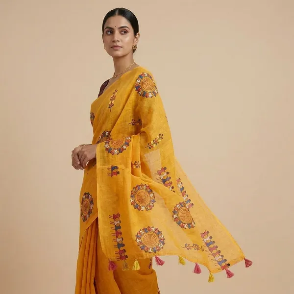 Yellow_Cotton_Animal_Saree_For_Women