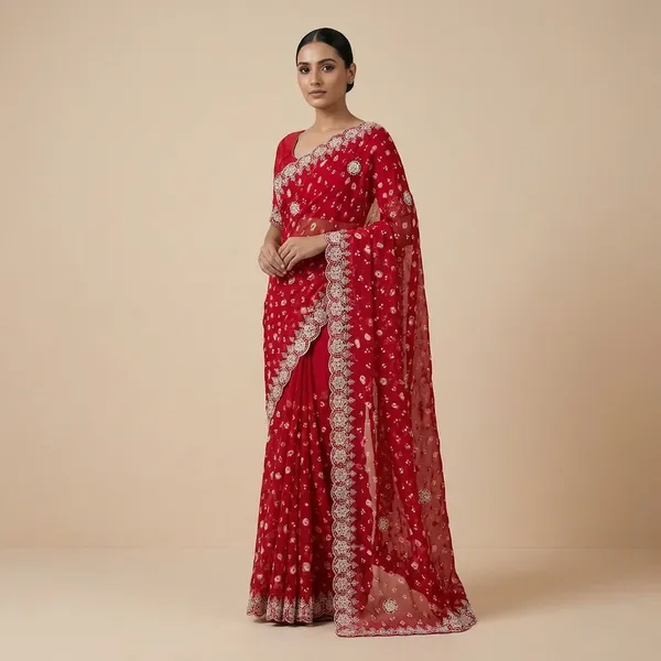 Red_Georgette_Star_Coin_Saree_For_Women