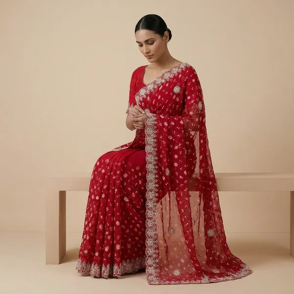 Red_Georgette_Star_Coin_Saree_For_Women