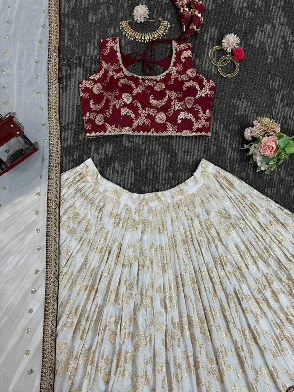 White_Jacquard_Red_Jequrd_Coding_Sequence_Semi_Stitch_Lehenga_For_Women