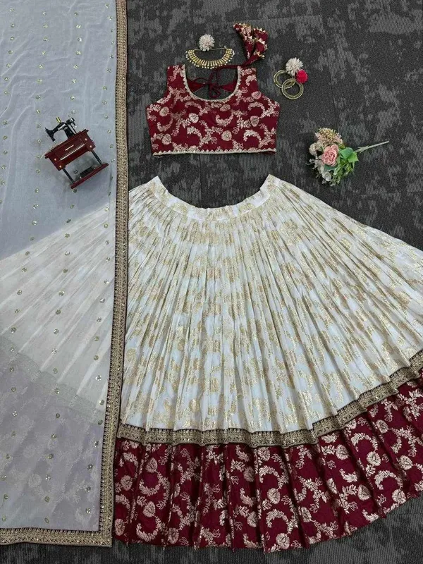 White_Jacquard_Red_Jequrd_Coding_Sequence_Semi_Stitch_Lehenga_For_Women
