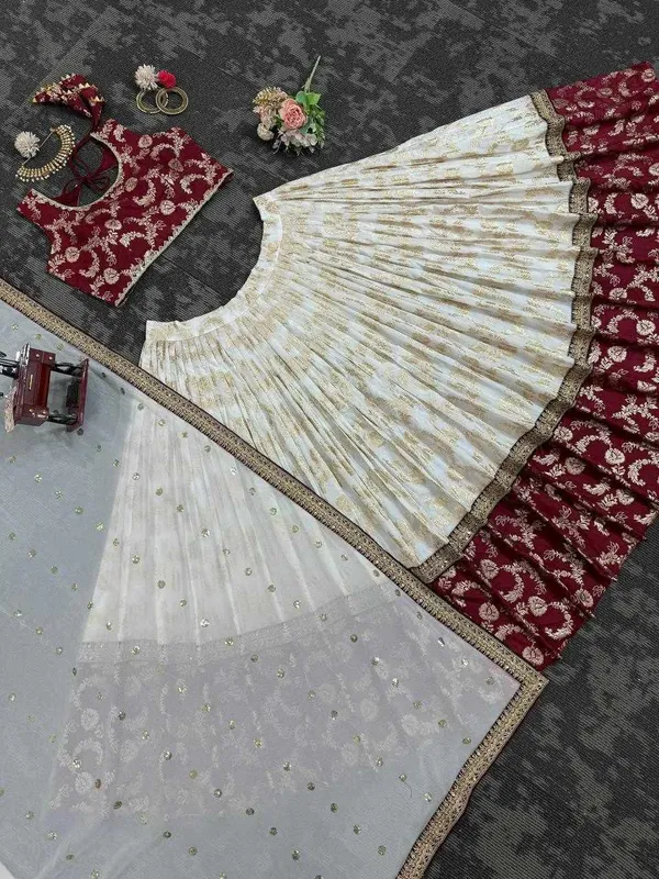 White_Jacquard_Red_Jequrd_Coding_Sequence_Semi_Stitch_Lehenga_For_Women