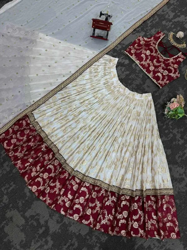 White_Jacquard_Red_Jequrd_Coding_Sequence_Semi_Stitch_Lehenga_For_Women