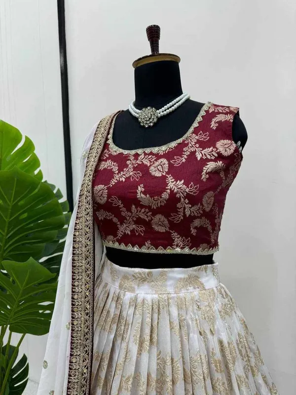 White_Jacquard_Red_Jequrd_Coding_Sequence_Semi_Stitch_Lehenga_For_Women