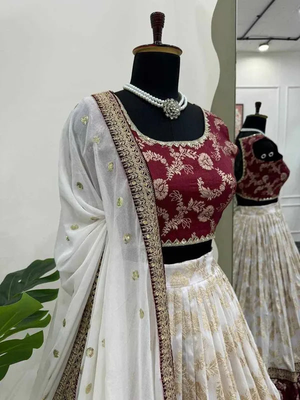 White_Jacquard_Red_Jequrd_Coding_Sequence_Semi_Stitch_Lehenga_For_Women