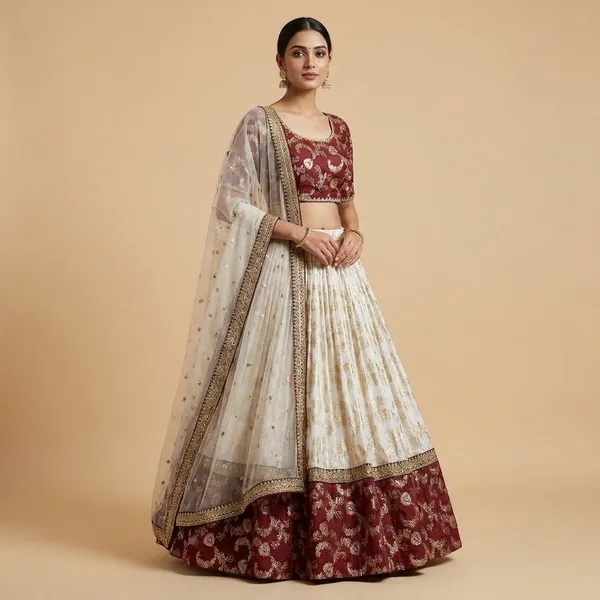 White_Jacquard_Red_Jequrd_Coding_Sequence_Semi_Stitch_Lehenga_For_Women