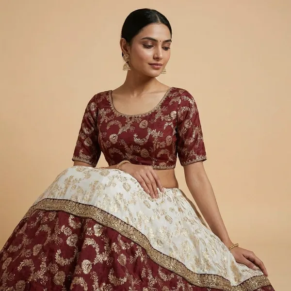 White_Jacquard_Red_Jequrd_Coding_Sequence_Semi_Stitch_Lehenga_For_Women