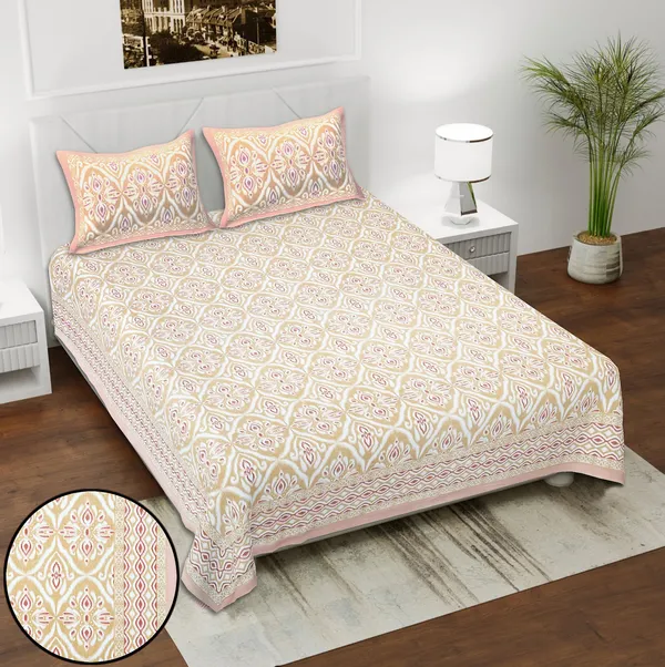 Peach_100%_Cotton_Traditional_Ikat_Pattern_Cotton_Double__BedsheetKing_Size_(108X108_Inches)