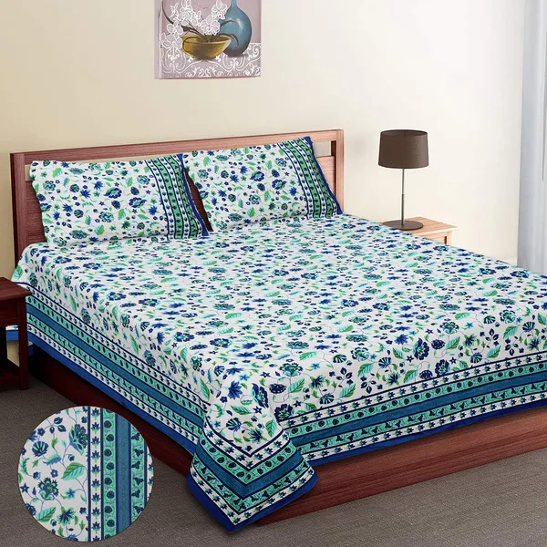 White_100%_Cotton_Blue_And_Green_Floral_Print_King_Size_Cotton_Double__BedsheetWith_Pillow_Covers_(108X108_Inches)