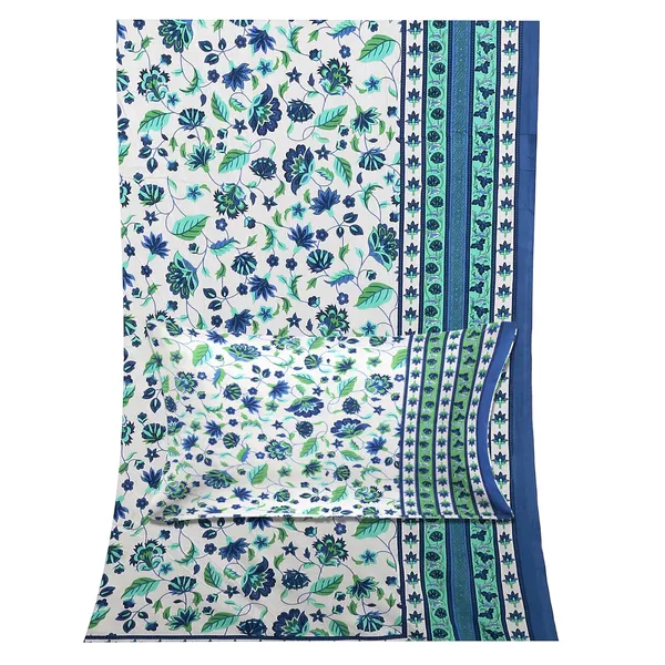 White_100%_Cotton_Blue_And_Green_Floral_Print_King_Size_Cotton_Double__BedsheetWith_Pillow_Covers_(108X108_Inches)