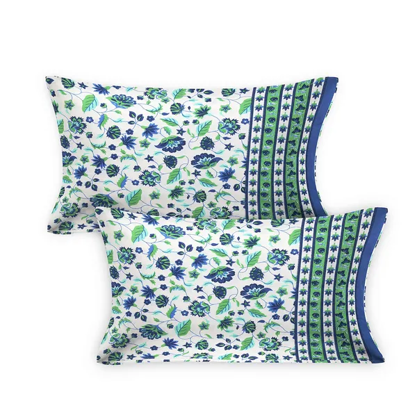 White_100%_Cotton_Blue_And_Green_Floral_Print_King_Size_Cotton_Double__BedsheetWith_Pillow_Covers_(108X108_Inches)