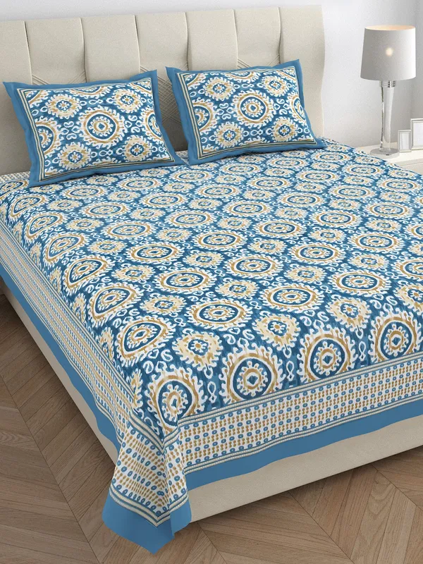 Blue_100%_Cotton_Ethnic_Ikat_Print_King_Size_Cotton_Double__BedsheetBlue_Color_(108X108_Inches)