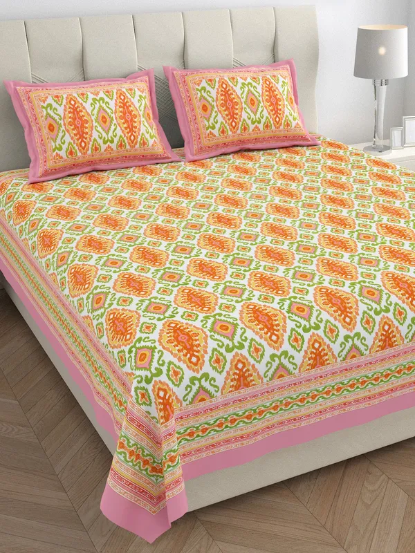 Orange_100%_Cotton_Classic_Ikat_Pattern_King_Size_Cotton_Double__BedsheetWith_Pillow_Covers_(108X108_Inches)