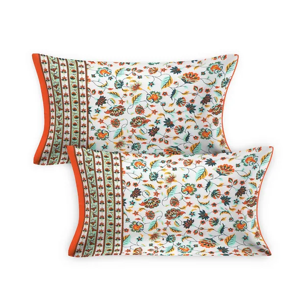 White_100%_Cotton_Jaipuri_Orange_And_Green_Floral_Print_King_Size_Cotton_Double__Bedsheet(108X108_Inches)