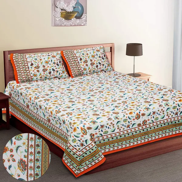White_100%_Cotton_Jaipuri_Orange_And_Green_Floral_Print_King_Size_Cotton_Double__Bedsheet(108X108_Inches)
