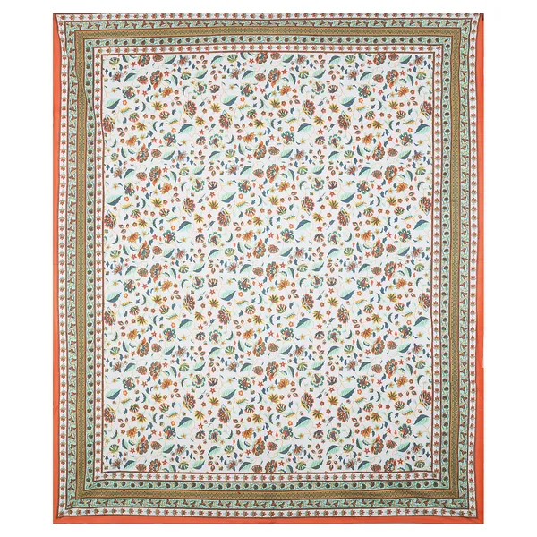 White_100%_Cotton_Jaipuri_Orange_And_Green_Floral_Print_King_Size_Cotton_Double__Bedsheet(108X108_Inches)