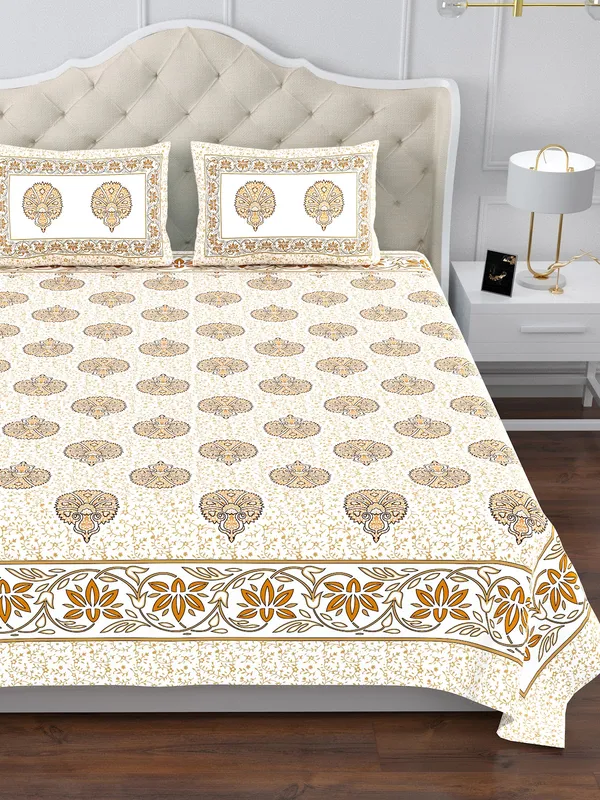 Brown_100%_Cotton_Peach_Jaipuri_Print_King_Size_Cotton_Double-Bedsheet_With_Pillow