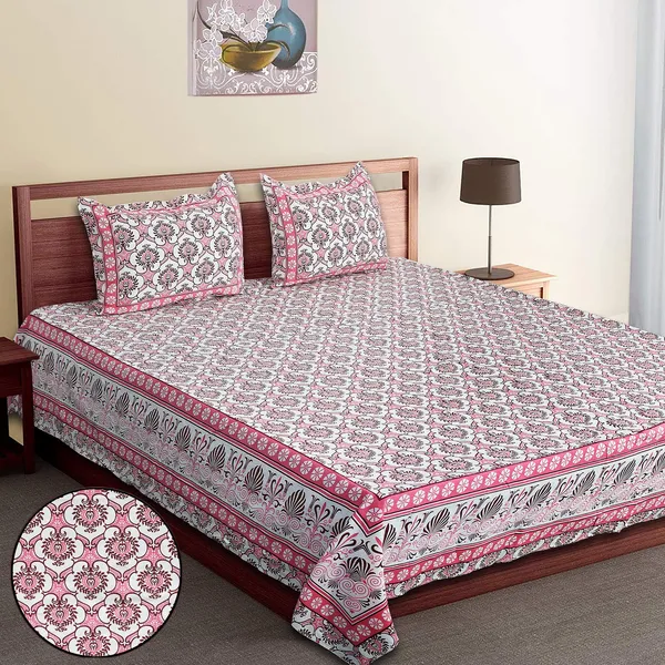 Pink_100%_Cotton_Designer_Cotton_Double__Bedsheet_King_Size_With_Pillow_Covers_(108X108_Inches)