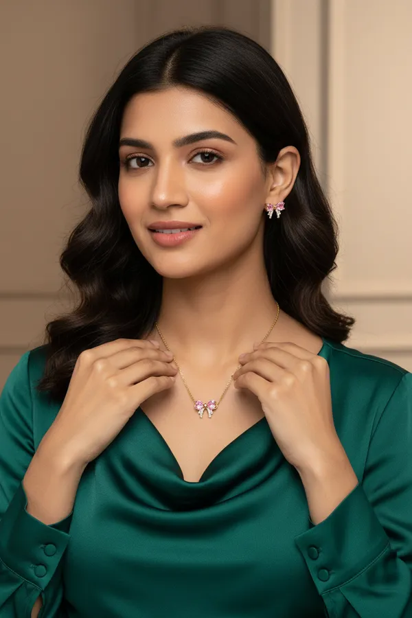 Pink_Bow_Necklace_Amp_Earring_Set
