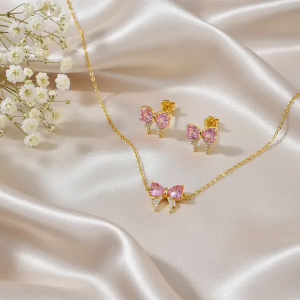 Pink_Bow_Necklace_Amp_Earring_Set