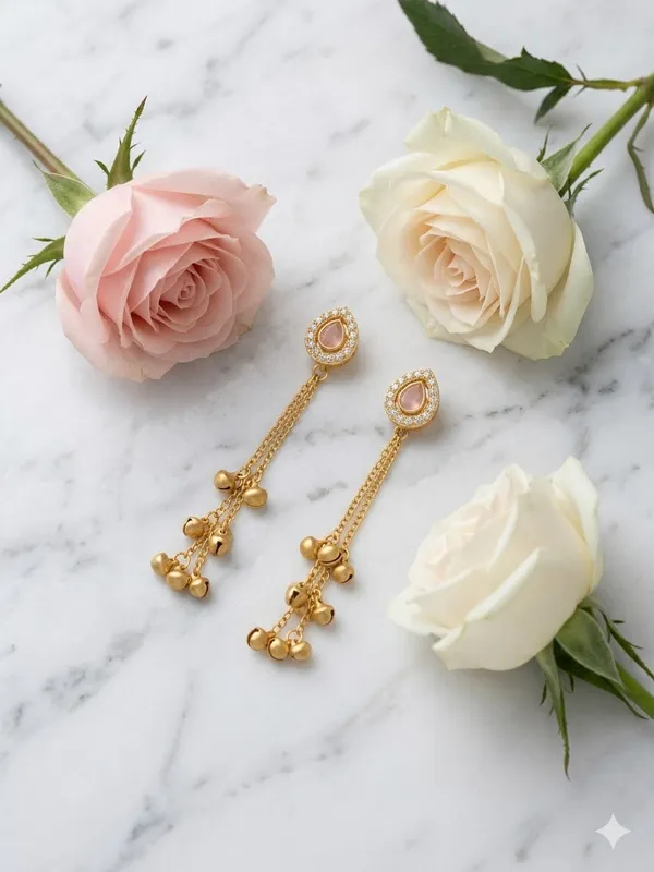 Golden_Teardrop_Crystal_Tassel_Earrings_With_Pink_Stone