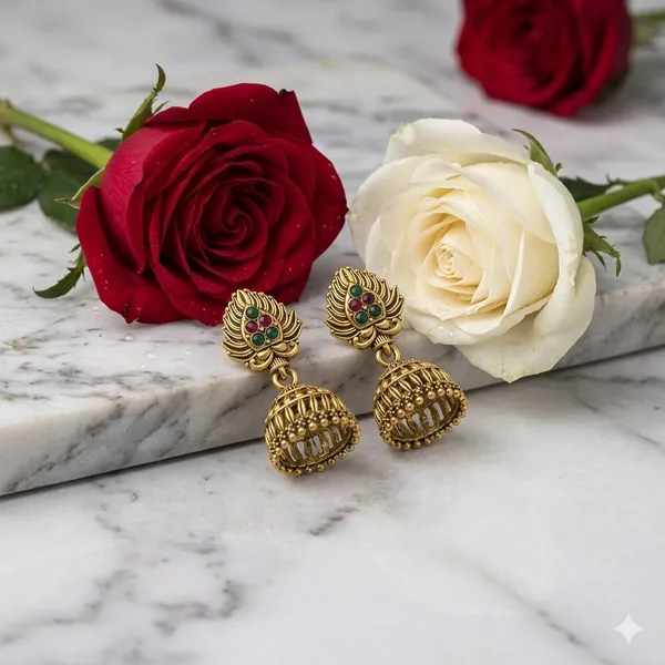 Traditional_Antique_Gold_Jhumka_Earrings_With_Green_And_Pink_Stone_Detailing