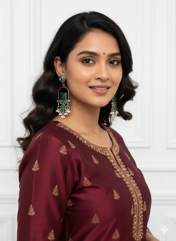 Oxidized_Silver_Toned_Green_Stone_Chandbali_Earrings_With_Pearl_Danglers