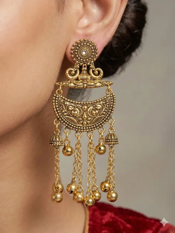 Antique_Gold_Plated_Chandbali_Earrings_With_Dangling_Beads