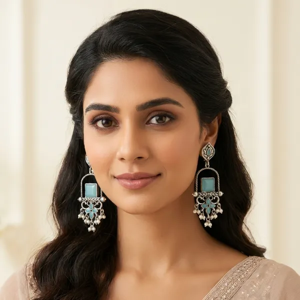 Silver_Toned_Turquoise_Stone_Oxidised_Earrings_With_Floral_Drop_Design