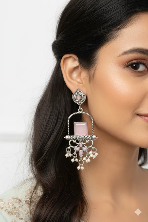 Oxidized_Silver_Lotus_Jhumka_Earrings_With_Pink_Stone_And_Pearl_Drops