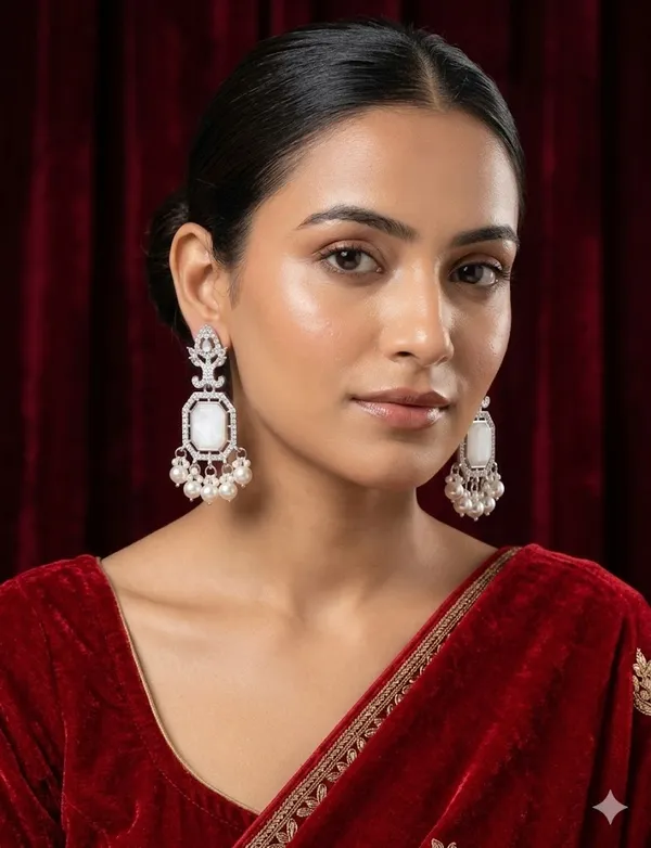 American_Diamond_Pearl_Drop_Earrings_Silver_Tone_Chandelier_Style_With_White_Stone_And_Pearl_Danglers