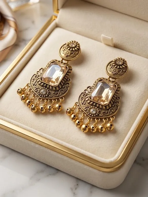 Antique_Gold_Plated_Statement_Earrings_With_Crystal_Stone_And_Golden_Bead_Danglers