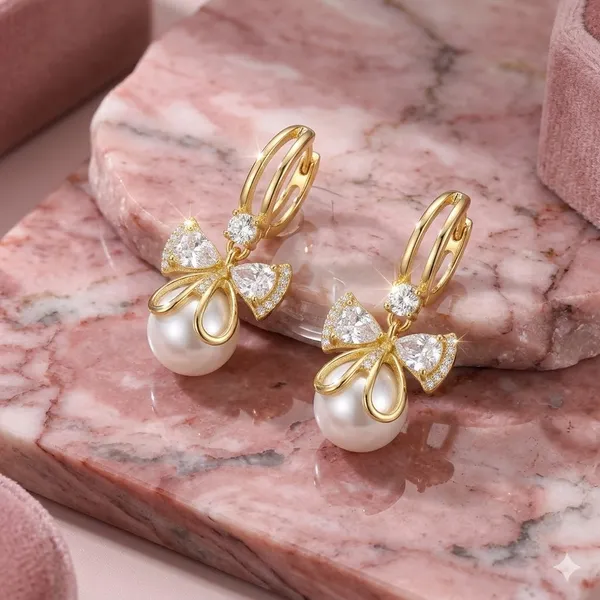 Gold_Plated_Pearl_Drop_Earrings_With_Crystal_Bow_Design