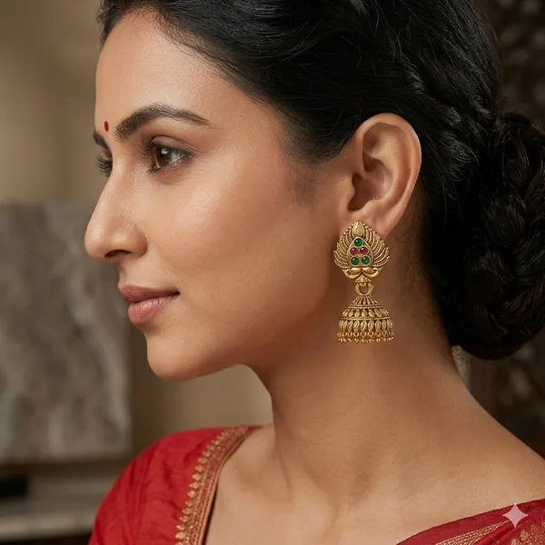 Traditional_Antique_Gold_Jhumka_Earrings_With_Green_And_Pink_Stone_Detailing