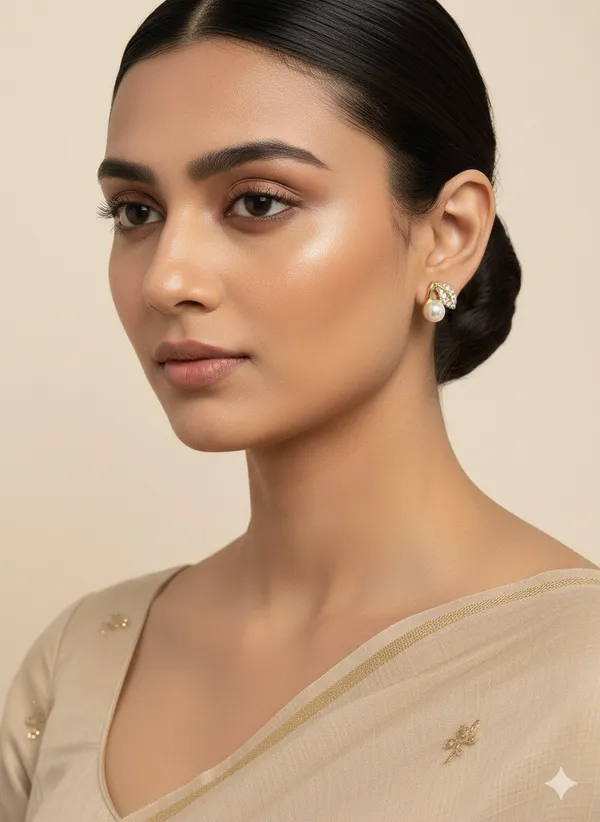 Pearl_And_Crystal_Leaf_Stud_Earrings_Gold_Tone