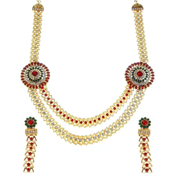 Antique_Gold_Plated_Kundan_Necklace_Set_With_Red_And_Green_Stones