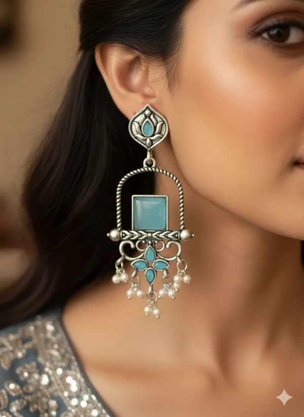 Oxidized_Silver_Turquoise_Stone_Earrings_Ethnic_Chandbali_Danglers